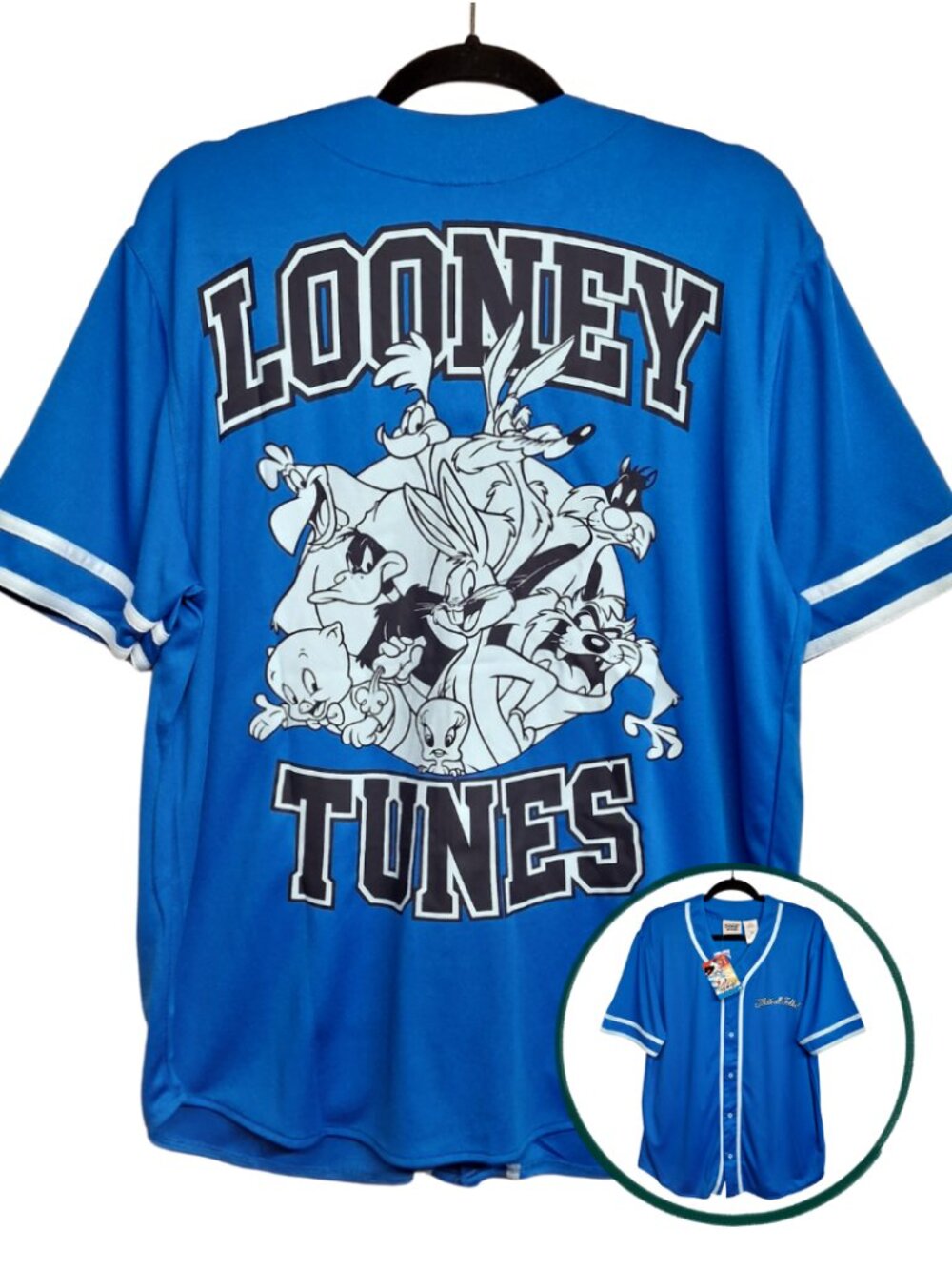 LOONEY TUNES Jersey Cartoon Character Blue Short Sleeve Baseball Large NWT